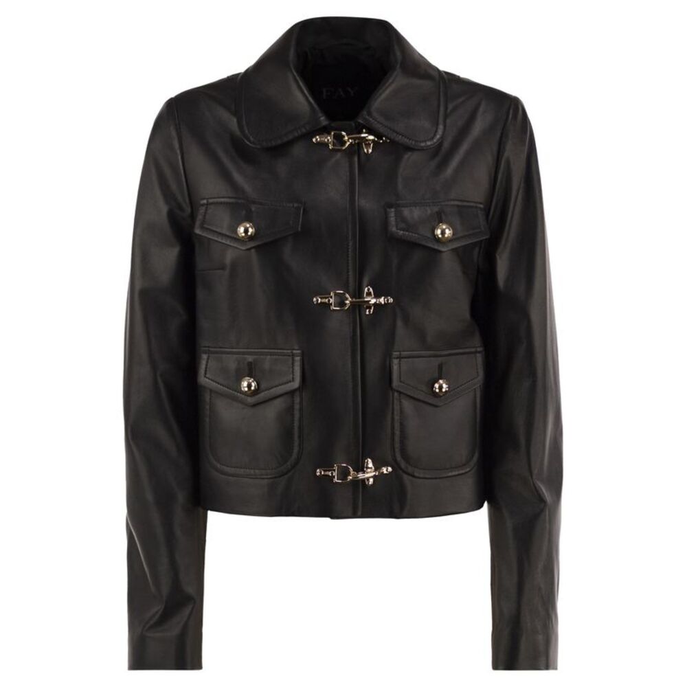 Fay Women Cropped Genuine Leather Jacket With Hooks